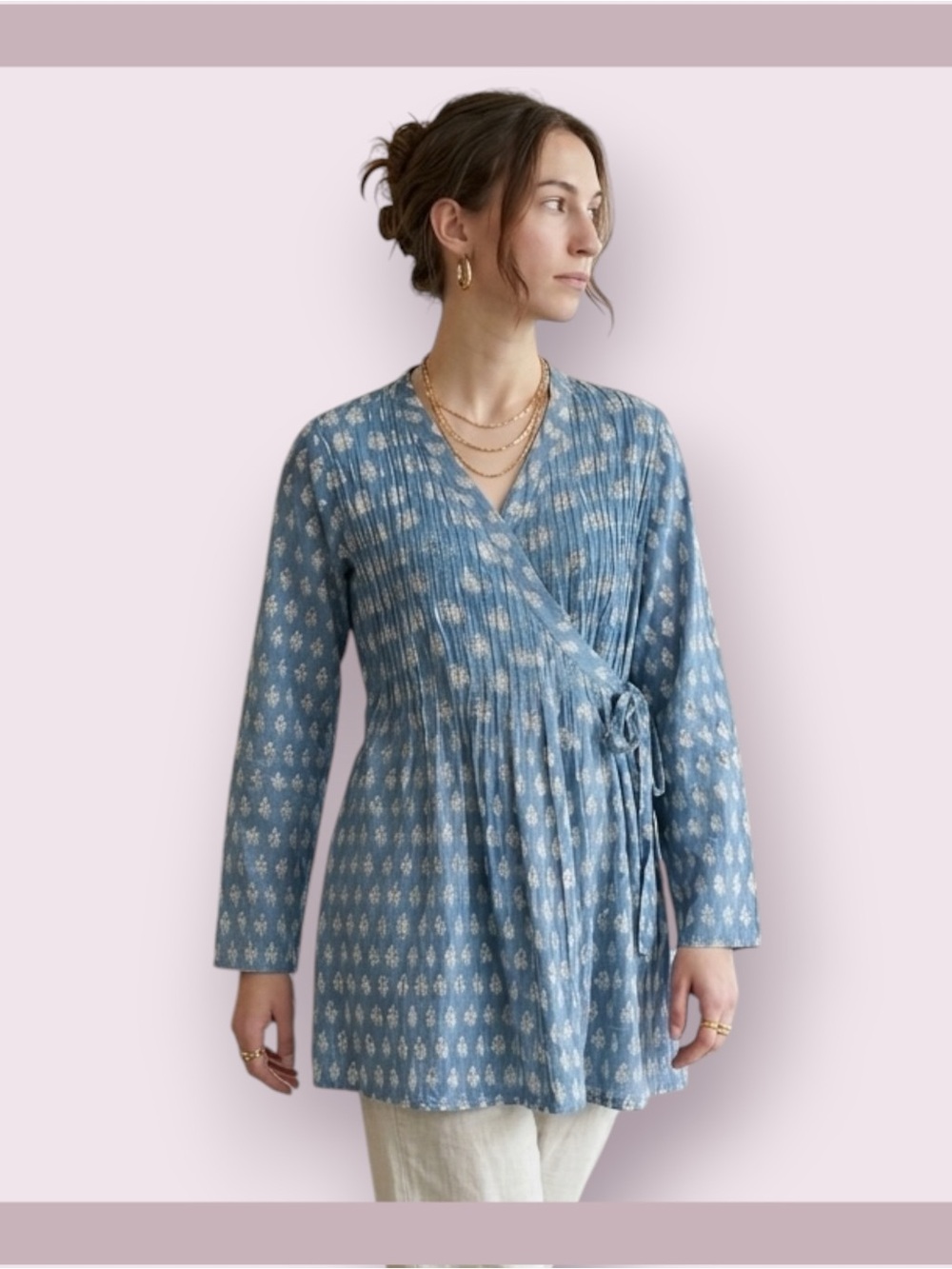 Chai Blue Cotton Floral Angrakha-style Wrap Tunic